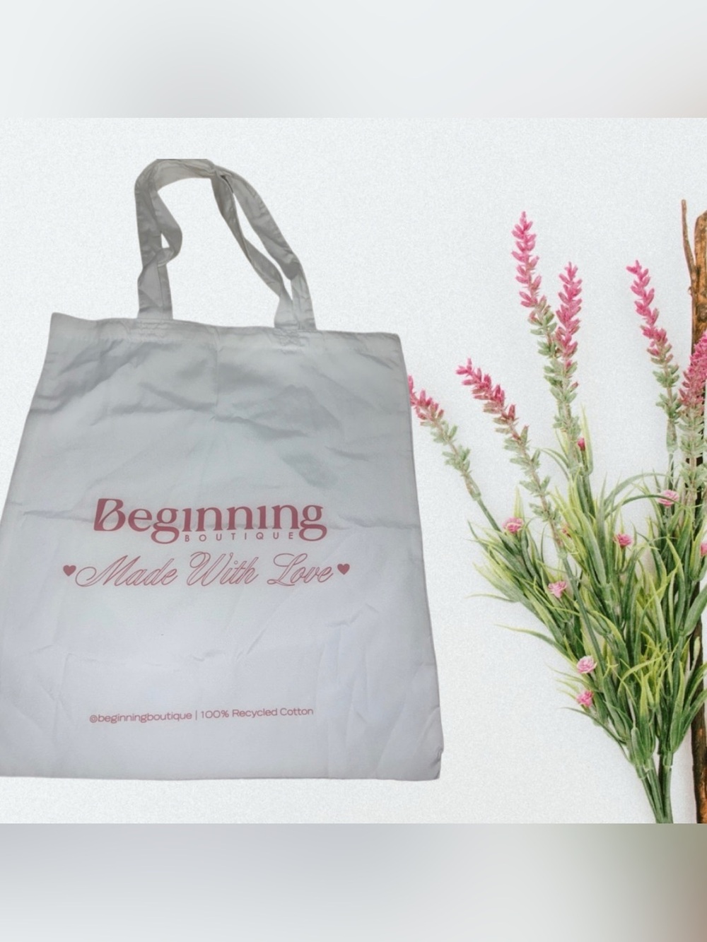 Beginning Boutique White Tote with Pink Logo